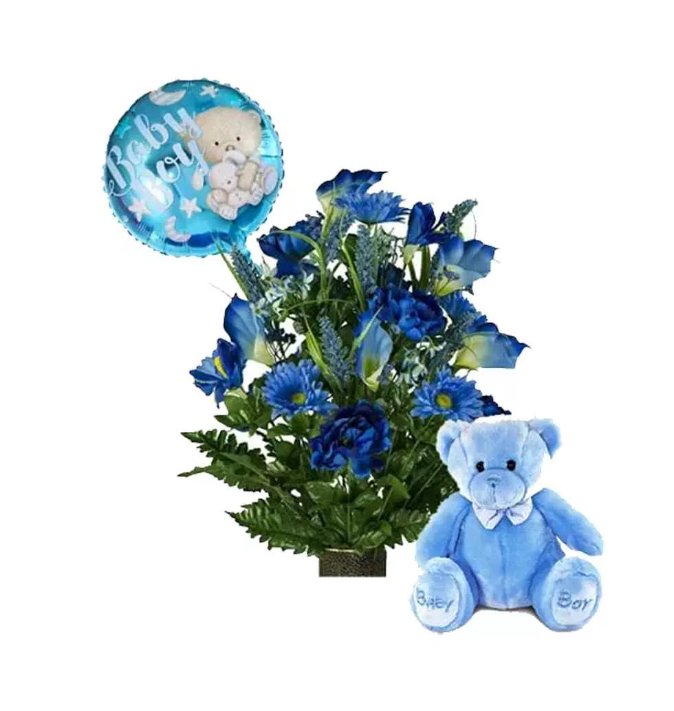 Cute Teddy and Cheerful Balloon and Fresh Flowers