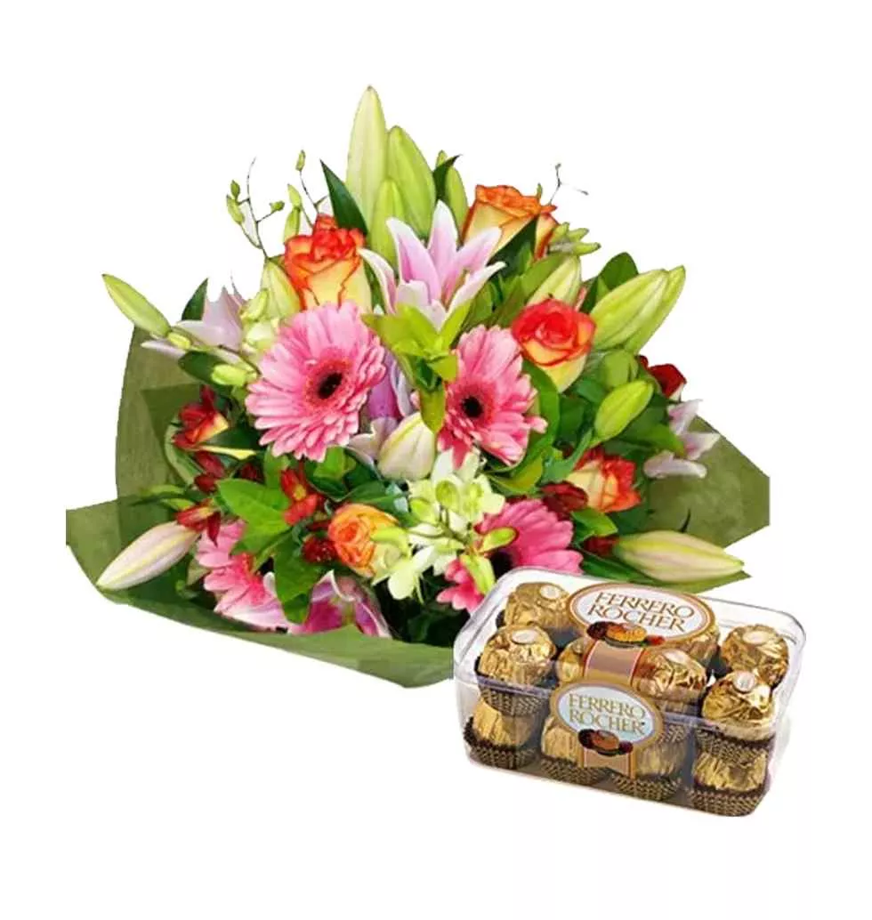 Elegant Seasonal Mix Flower Bouquet with 16 Pieces of Imported Lip-smacking Ferrero Rocher Chocolates