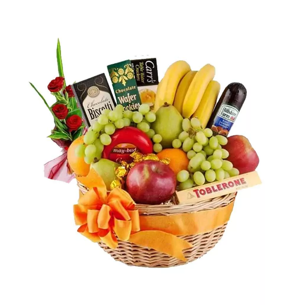 Amazing Fruit, Cheese and Roses Gift Basket