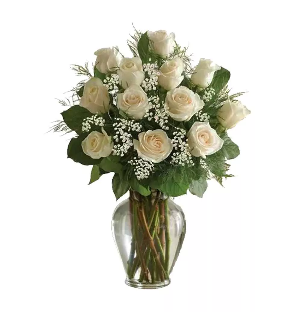 Elegant 12 White Roses Basket
